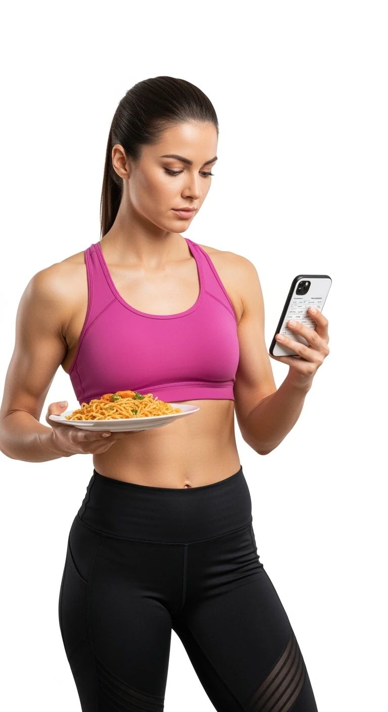 donna fitness che calcola ossessivamente le calorie di quello che sta mangiando: in mano ha un piatto di pasta e nell'altra mano ha lo smartphone per segnare tutti gli alimenti, sfondo bianco emoji
