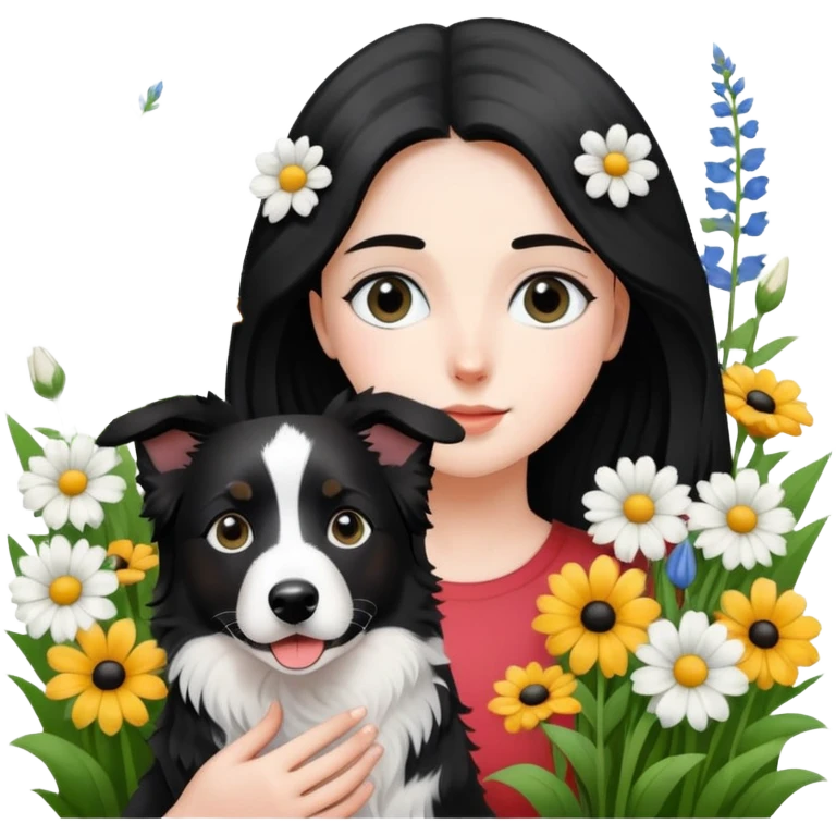 A girl is holding a black and white border collie in the flowers emoji