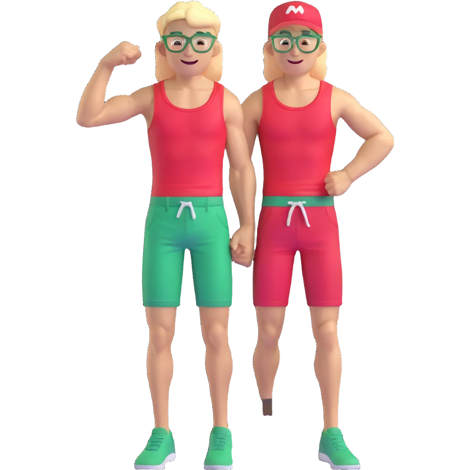 Scrawny thin man with black and white cap, skinny bare torso, red shorts, clear glasses, messy light blond mullet hairstyle, smiling and flexing small muscles emoji