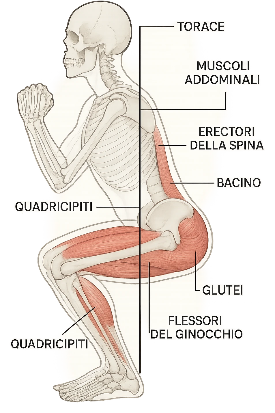side view of a human figure performing a squat, with transparent overlays showing the skeletal structure. A straight line or highlighted axis connects the pelvis (bacino) and the ribcage (torace), demonstrating correct alignment. Key muscles involved in maintaining posture are labeled. Clean, educational style, white background. emoji