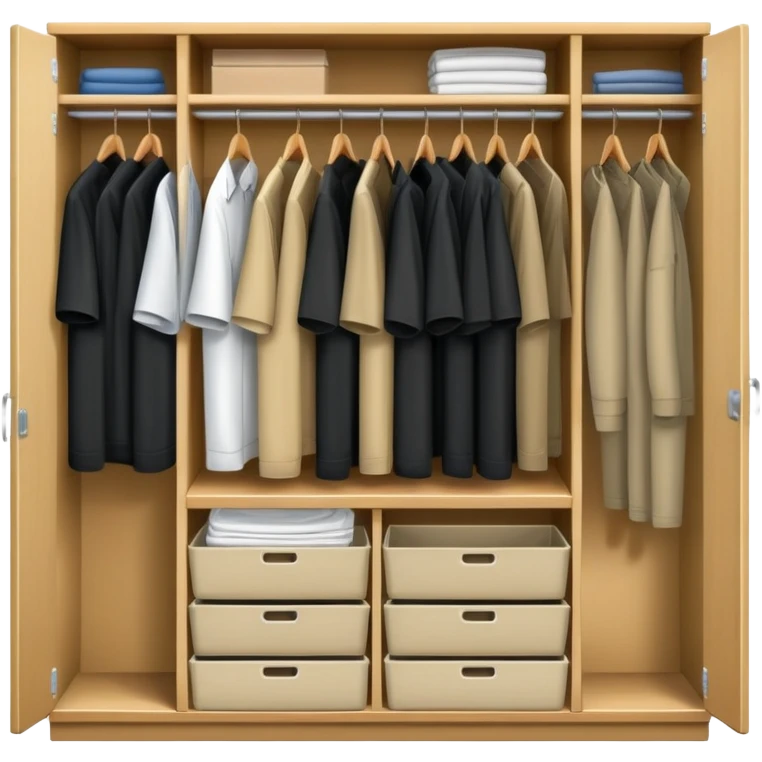 Cartoon wardrobe slightly open showing black shirts, khaki pants, overall, and work clothes neatly organized inside emoji
