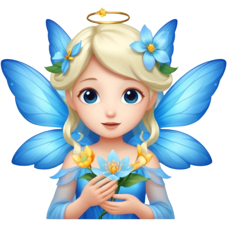 A shy fairy with soft blue wings, gently holding a glowing blossom.
 emoji