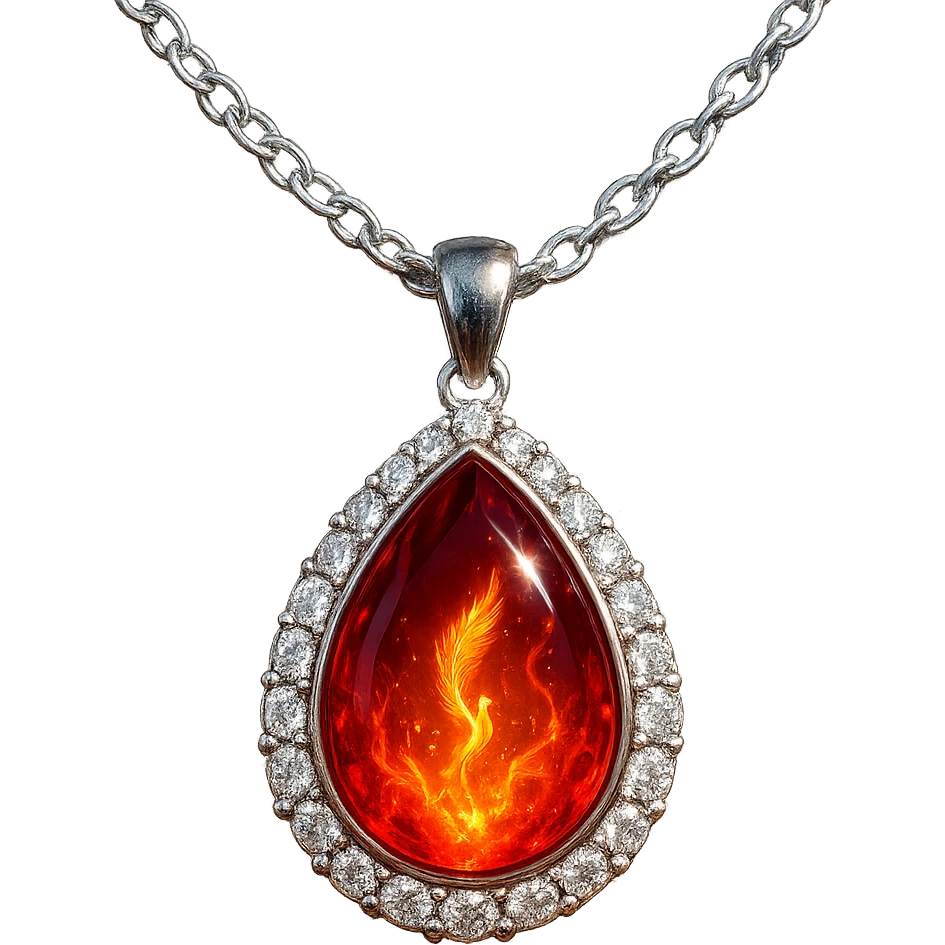 A teardrop ruby pendant with fiery light, a tiny phoenix feather emerging, haloed by shimmering white stones, and a silver chain like liquid moonlight emoji