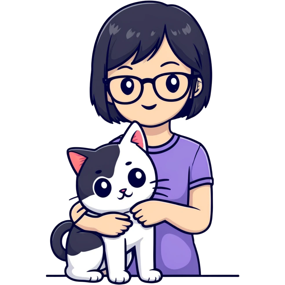 Girl with black hair wearing glasses holding a black and white cat emoji