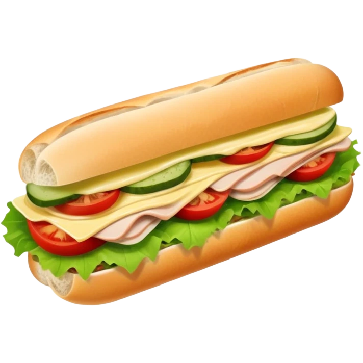 sandwich with turkey, lettuce, pickles, mayonnaise, and tomatoes on a baguette emoji