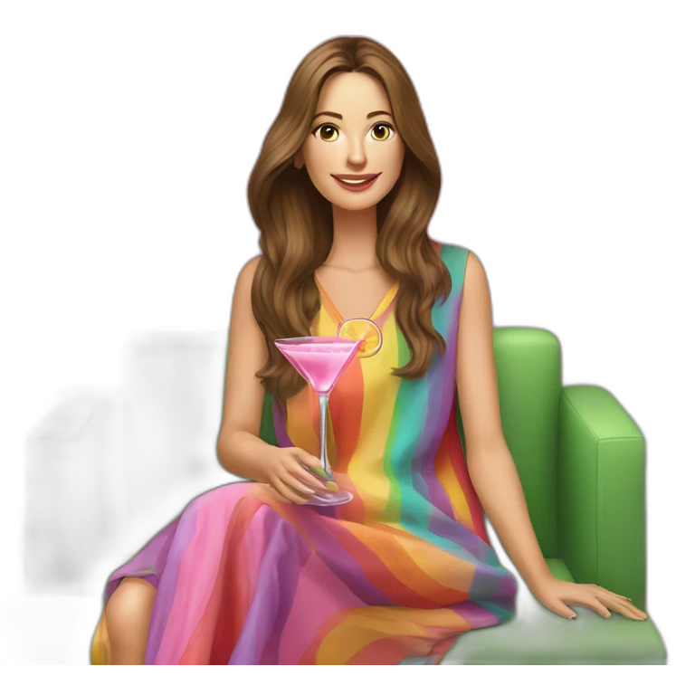 Caucasian woman with long brown hair sitting on a couch in front of a light green wall in a rainbow striped caftan holding a pink cocktail emoji