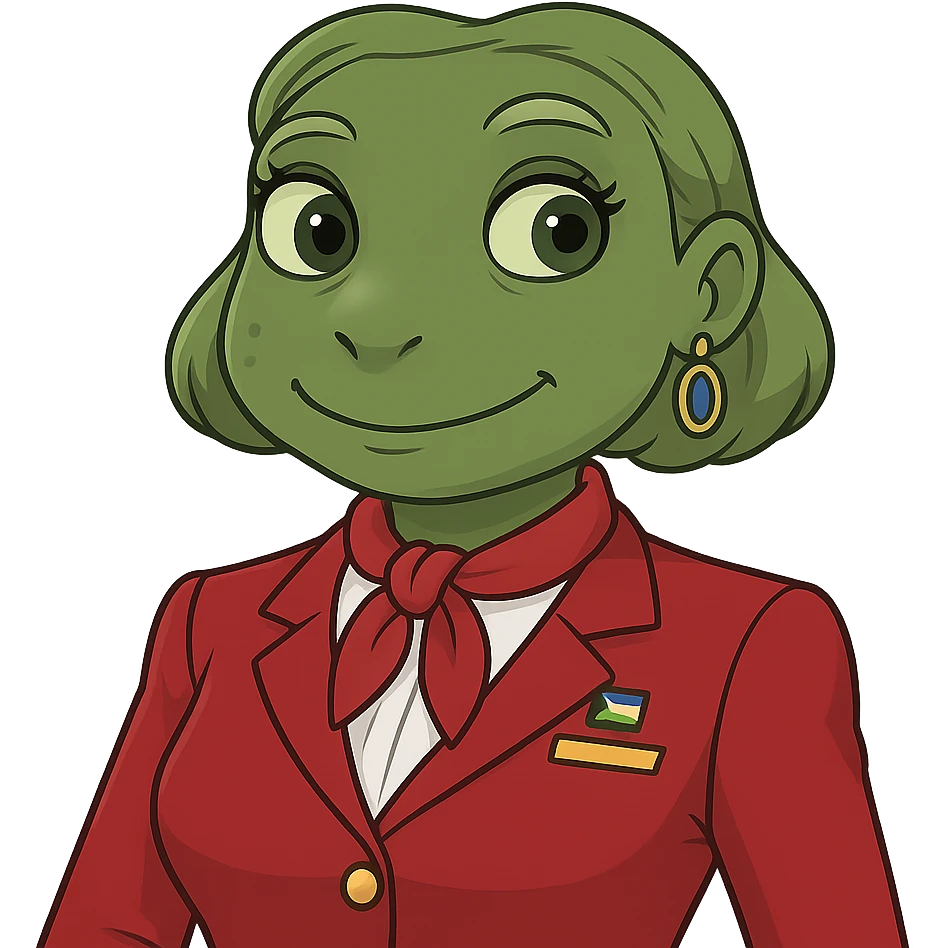 Remove the hat from the flight attendant, keep the red uniform, in the style of bufo frog meme emoji style. emoji