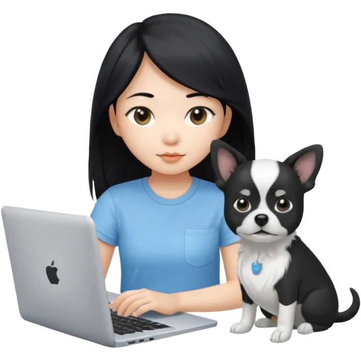 Asian girl with long black hair, wearing a light blue t-shirt, working on an Apple laptop, beside a small black and white dog emoji