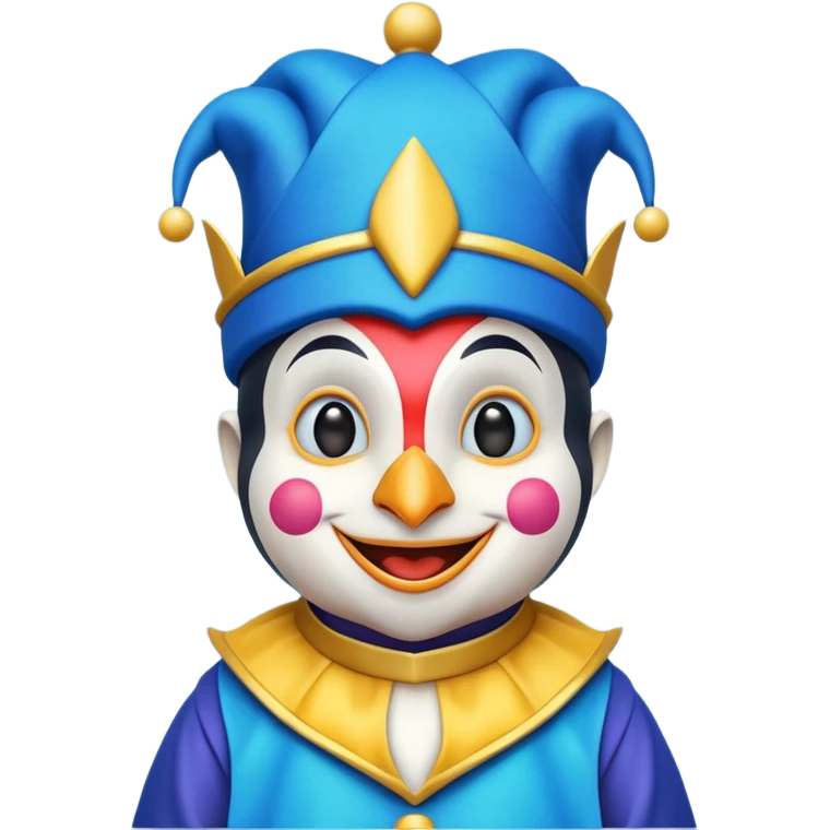 crazy colorful cute little penguin jolly joker, medieval, vintage, court jester, mac os icon, blue color emoji