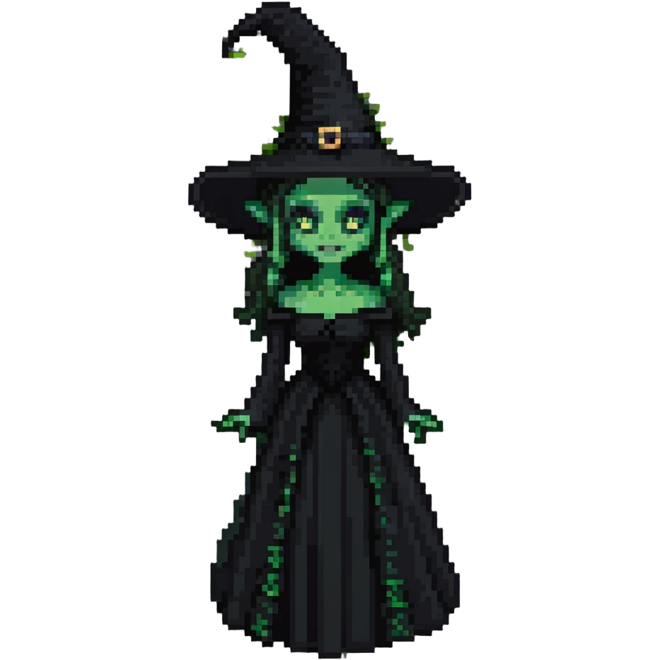 Elphaba from Wicked, green-skinned witch with a black pointed hat and black dress emoji