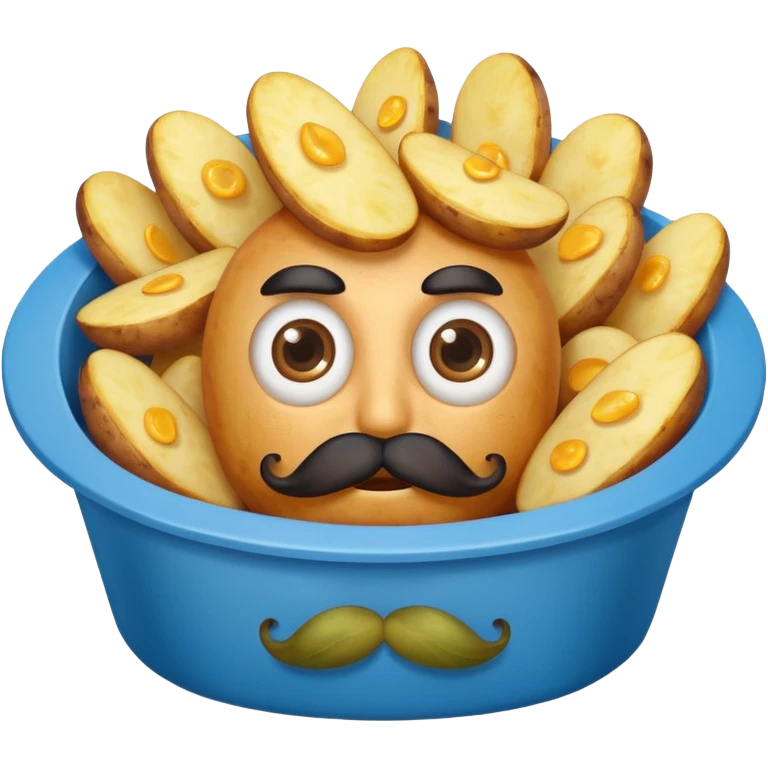 fried potatoes with eyes and mustache, in a blue carton  emoji