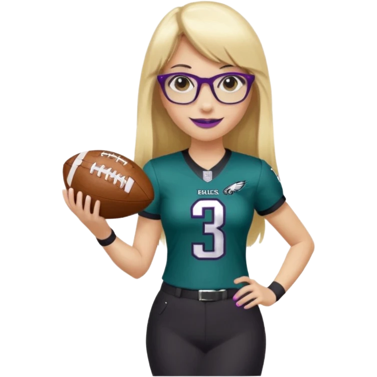 full length women wearing eagles uniform, long blonde hair, straight bangs, black glasses, holding football, number 33, smiling, purple lipstick emoji