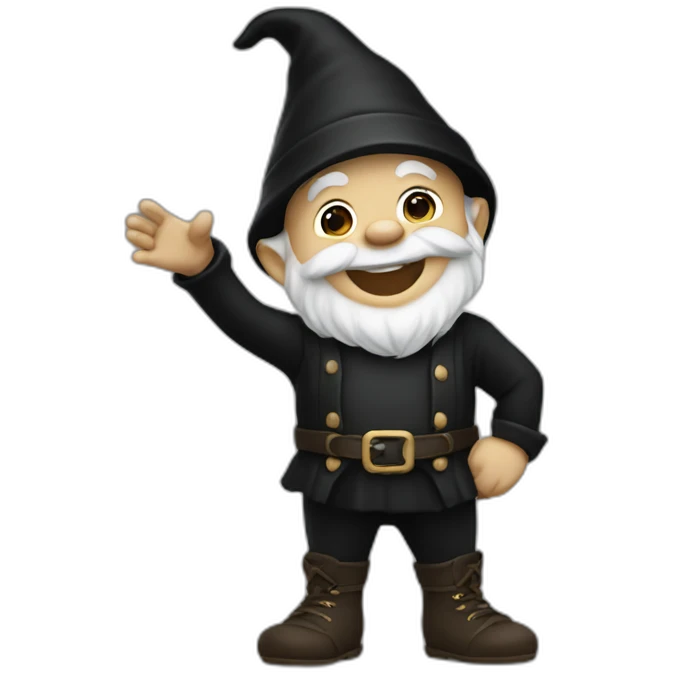 Gnome dressed in black waving with a smile emoji