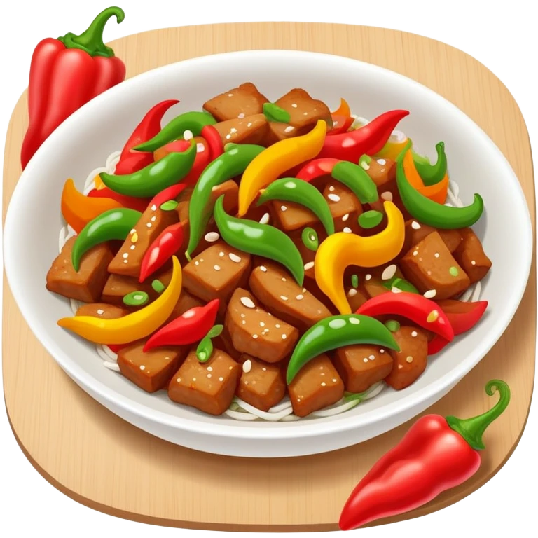 Hunan spicy stir-fried pork with colorful peppers, simplified emoji style with bold outlines and bright colors, cartoon style Chinese spicy dish emoji