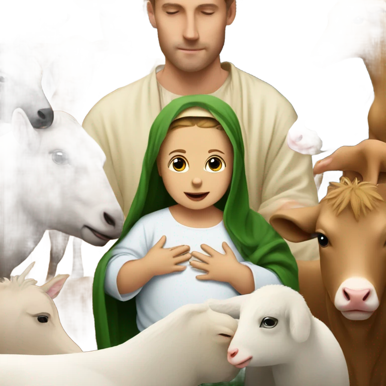 Baby Jesus surrounded by parents and farm animals emoji