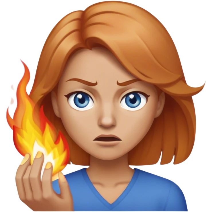 woman with below shoulder length strawberry blond hair and blue eyes angrily setting fires emoji