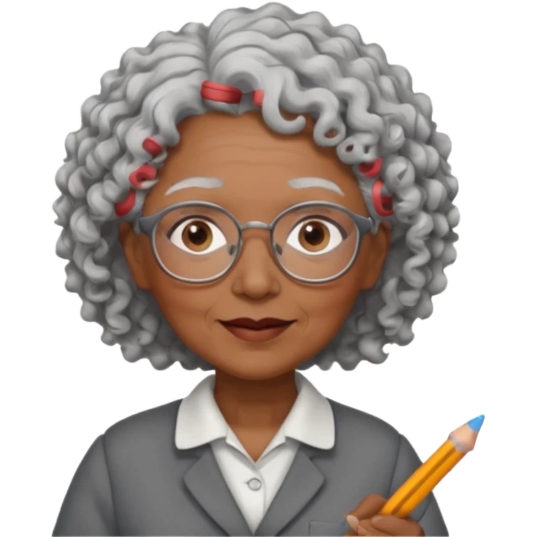 old woman teacher, brown skin, curly grey white hai, wearing glasses, hold chalk on hand emoji
