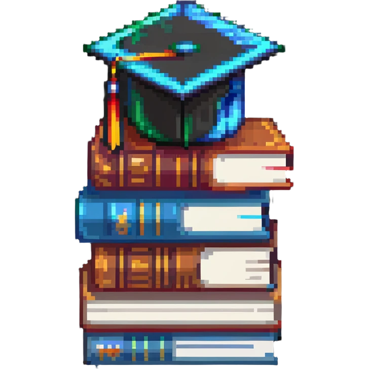 Terraria style pixel art stack of colorful books with a graduation cap on top emoji