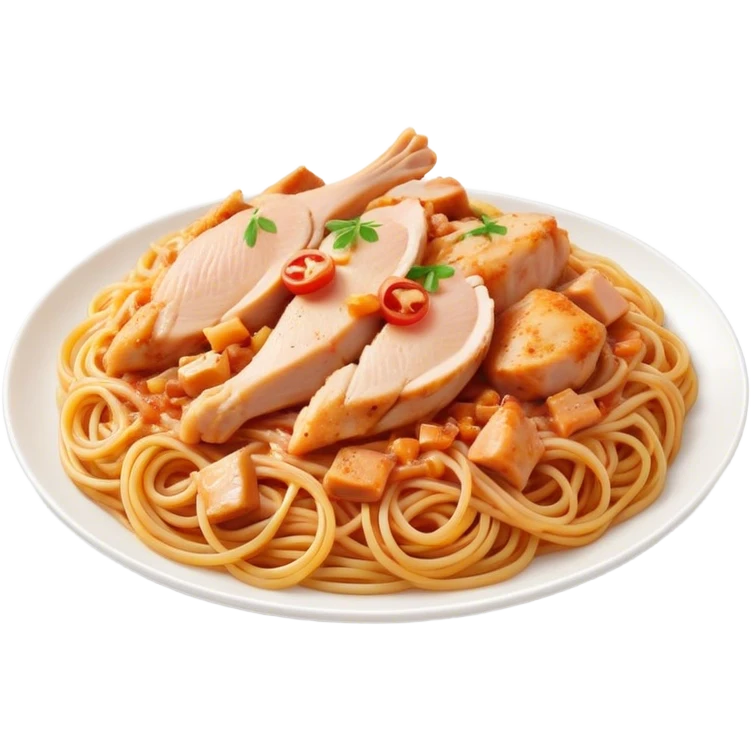 Cinematic realistic emoji depicting a dish of spaghetti with pieces of chicken breast, made with realistic details and bright natural lighting emoji