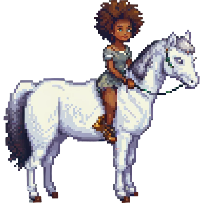 black girl with afro petting a white horse, pixel art style emoji