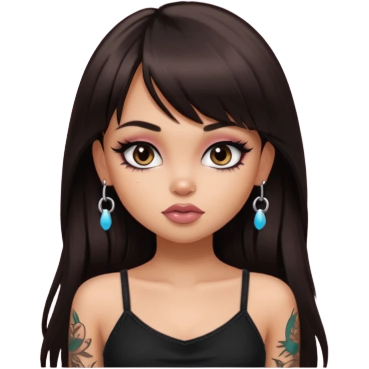 generate a pretty bratz girl in black cami top, dark brown straight long hair with bangs, eyeliner on, with tattoos emoji