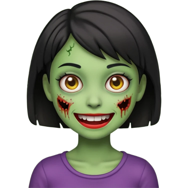 Emoji zombie girl verde com cabelo preto curto com uma expressão normal emoji
