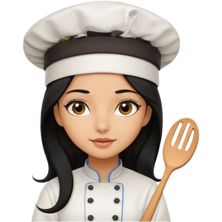 Create a cute girl, black hair, Middle Eastern with lashes  chef🧑‍🍳 emoji, barbie vibes tan skin black long hair with long lashes  emoji