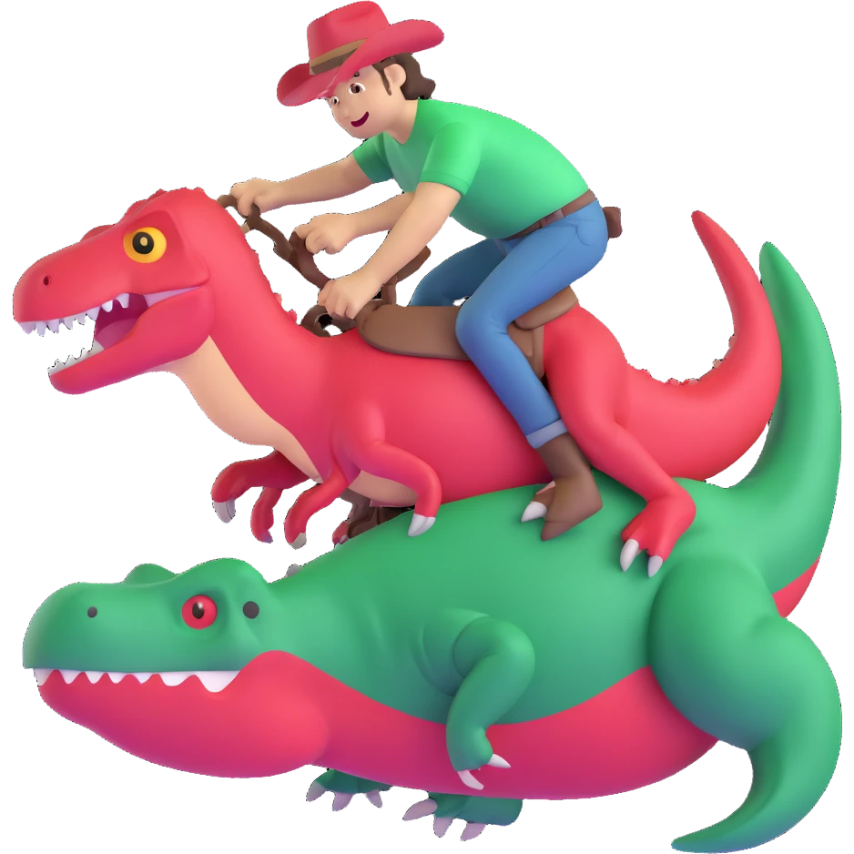 fun and playful cowboy sliding on a green t-rex emoji