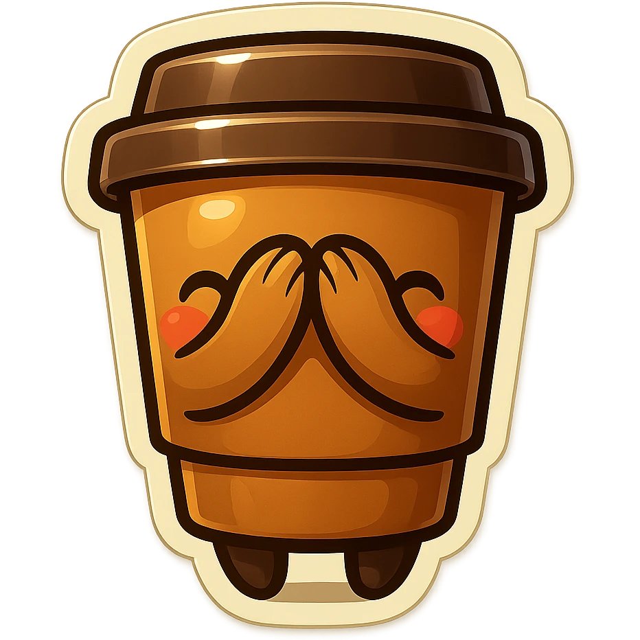 Tall coffee cup, hiding face, embarrased emoji