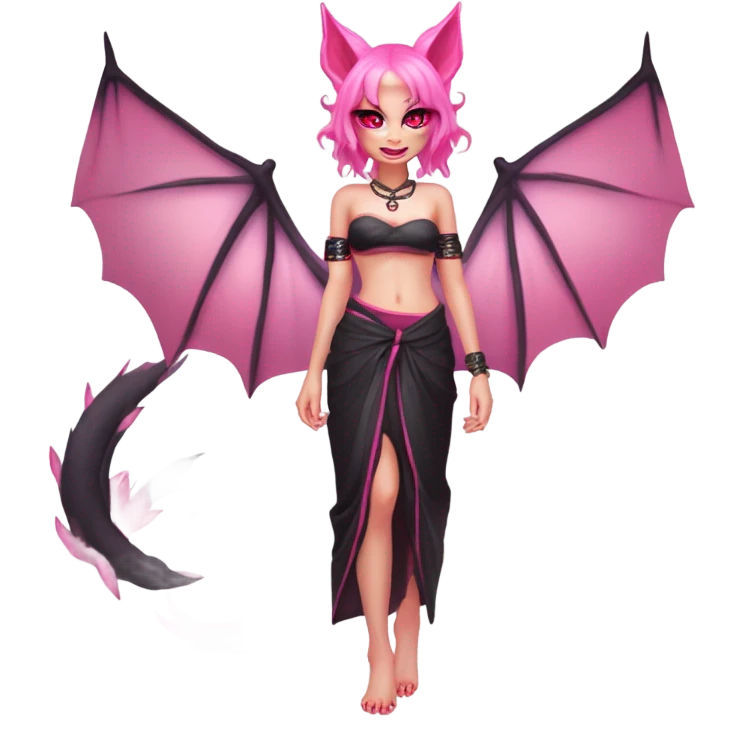 Full body female, succubus kitsune, neon pink eyes, vibrant pink hair, alabaster skin, fluffy black tails, pink tail tips, spiked choker, unique heritage, seductive charm, rebellious spirit, traditional kimonos, spiked anklets, and Barefoot 
 emoji