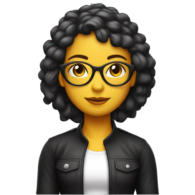Chica moreita,pelo largo negro risado, lentes de leer redondos, cuerpo entero emoji