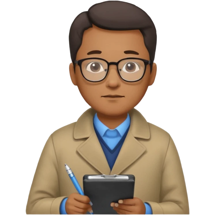 Middle-aged asian male vet – glasses, coat, writing notes on clipboard. emoji