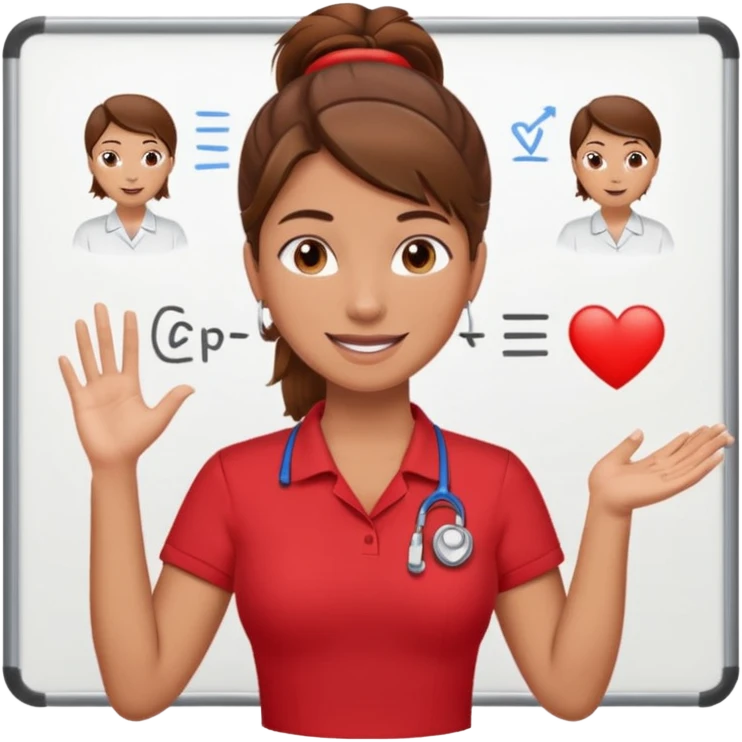 Happy instructor female brown hair whit board hair up red shirt add CPR to white board emoji