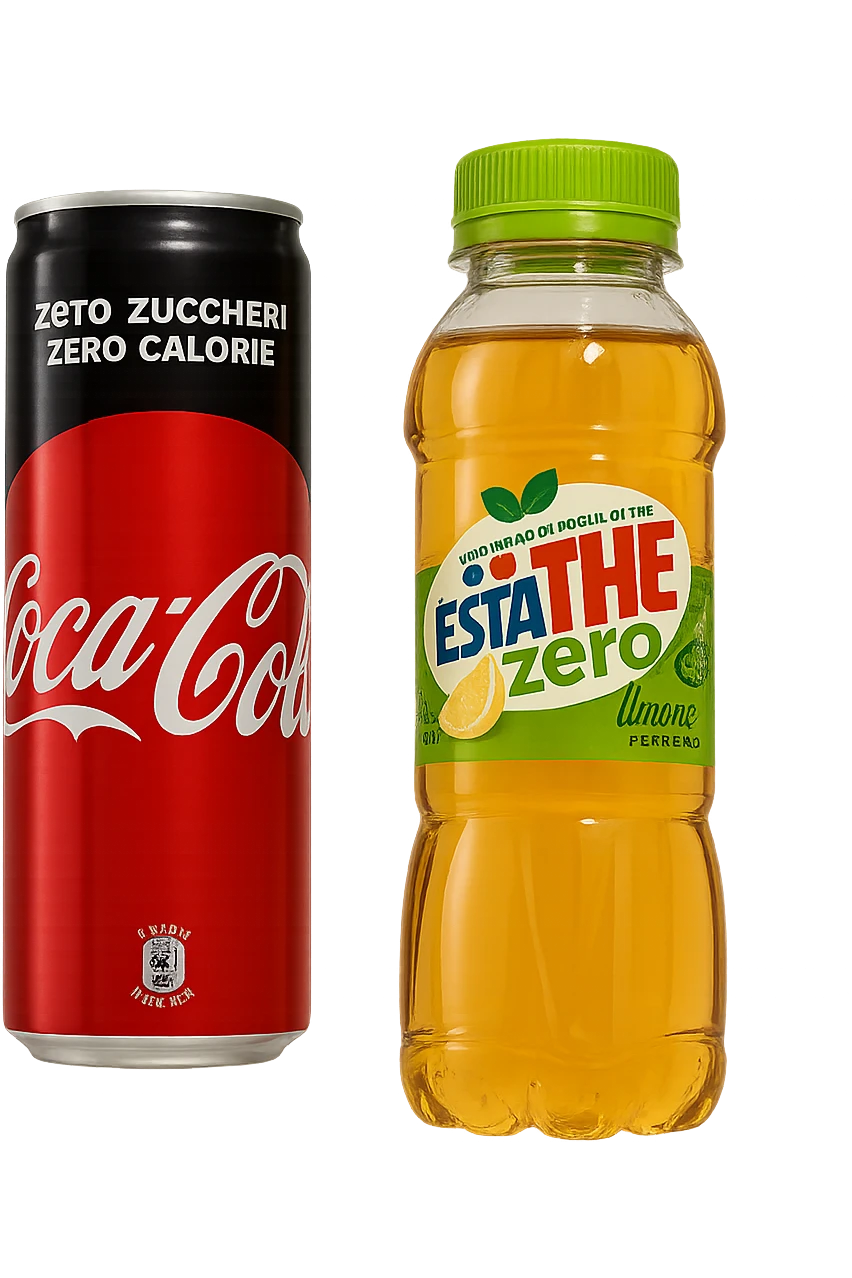 lattina di coca cola zero fluttua accanto a bottiglia di esta-thè zero, iperrealistiche 4k emoji