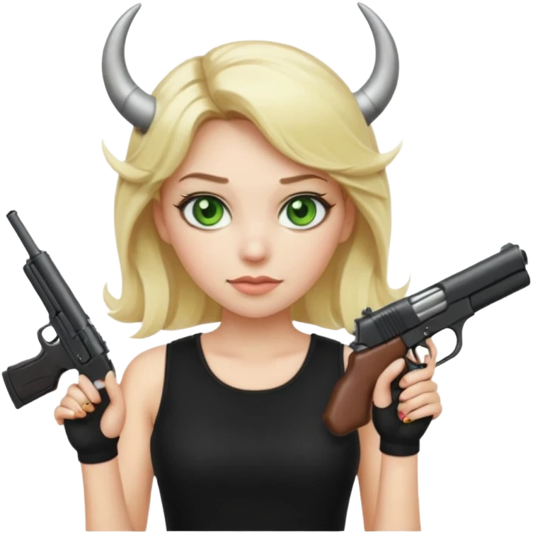 Emoji femme blonde cheveux blond, yeux vert avec de long cils noir qui porte un pistolet et à des cornes  emoji