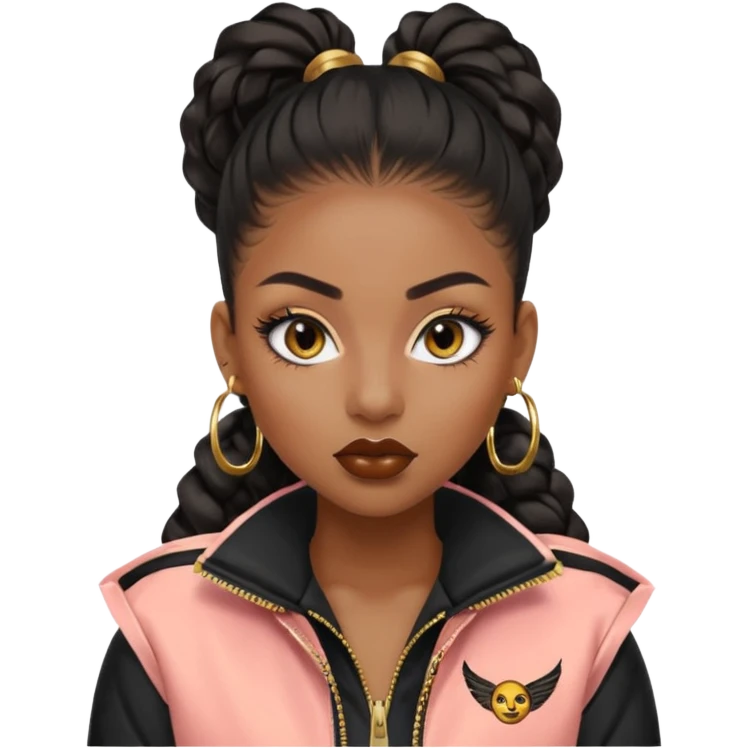 “black Emoji girl, fierce confident expression, sharp black winged eyeliner, bold brows, matte nude lips, long curled lashes, sleek high ponytail, gold hoop earrings, sporty streetwear jacket.” emoji