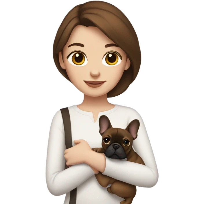 Woman with brown hair holding a French bulldog emoji