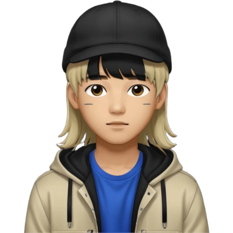 Portrait of a male K-pop idol, wearing a stylish streetwear outfit with layered clothing, long hair with bangs, makeup, wearing a black cap emoji