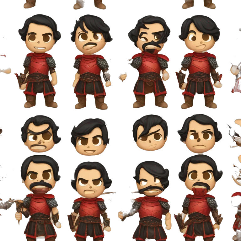 Vintage Tanned man with black hair pointed chin and stern face wearing red and black armour holding sword vintage intricate patterns emoji