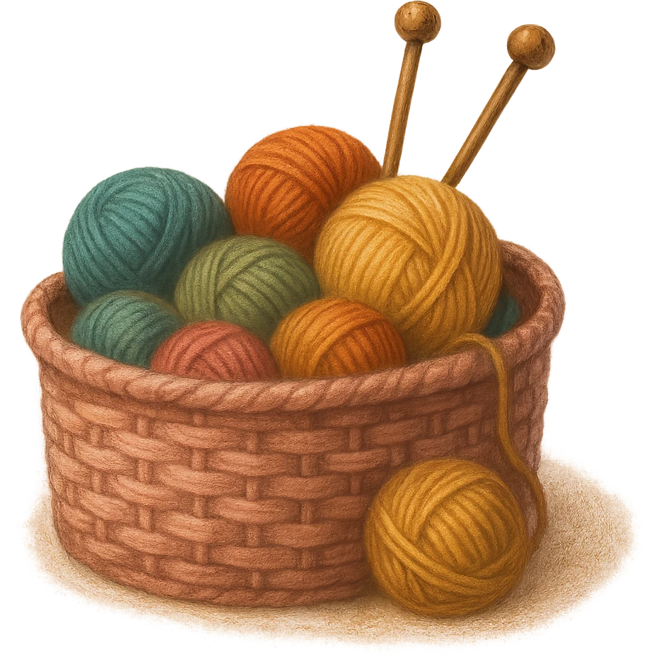 pink basket of yarn and knitting needles, cozy emoji