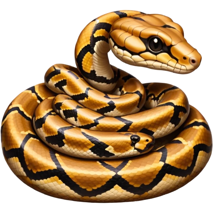 A photo-realistic top-down view of a Ball Python gently coiled into a tight spiral, with its head resting peacefully at the center. Its scales are warm brown with bold, irregular black markings, including the distinctive “alien-head” pattern, flowing smoothly along its body.  emoji