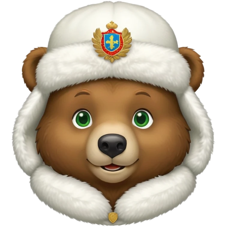 Extra cute smiling brown bear face with big green eyes, soft white fluffy ushanka hat with clear Russian Federation coat of arms emblem, iOS emoji style emoji