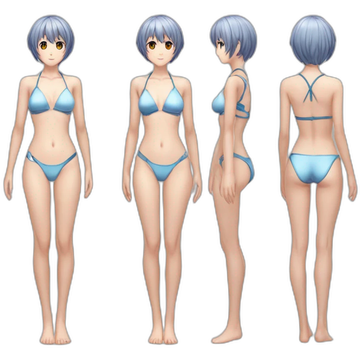 realistic full body rei ayanami nue short hair teen back and front views bikini emoji