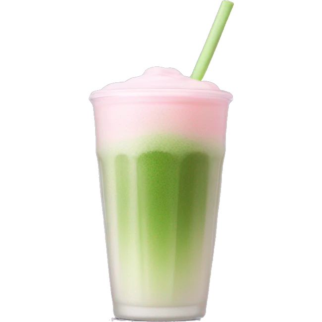 Clear long cup, no handle, with light pink drink, matcha foam emoji