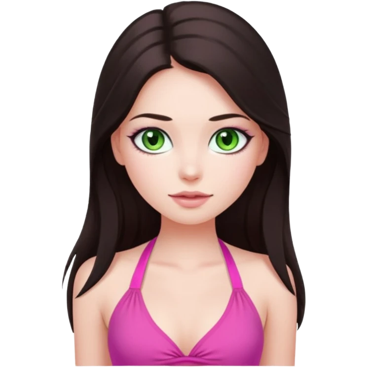 A pretty girl with white skin and very long dark brown hair and a green eyes and wears a pink tight halter tops emoji