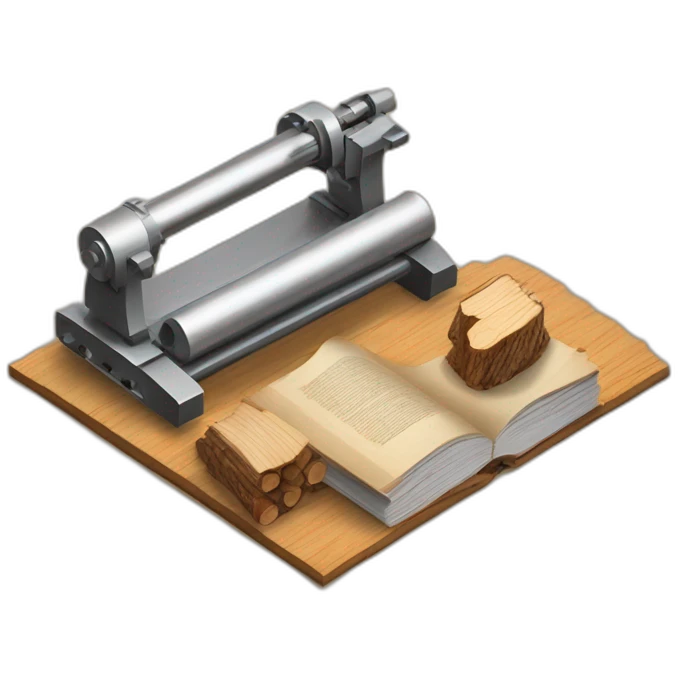 isometric BOOK with picture of wood logs, metal rods, fabric, cnc machine emoji