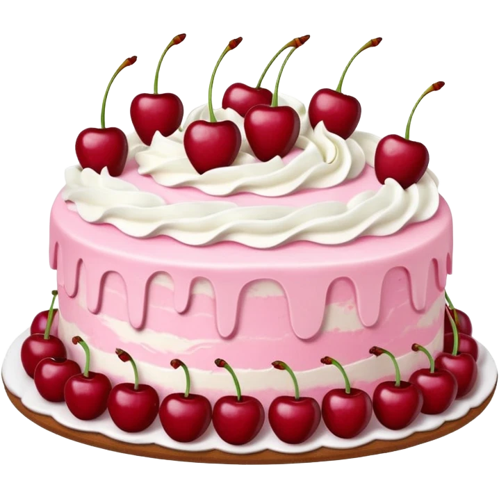 Round pink frosted cake with textured buttercream sides, placed on a plate cake board.
White whipped cream swirls on top, each topped with glossy red cherries with stems, clean studio lighting, isolated background, realistic minimal smooth emoji-style. emoji