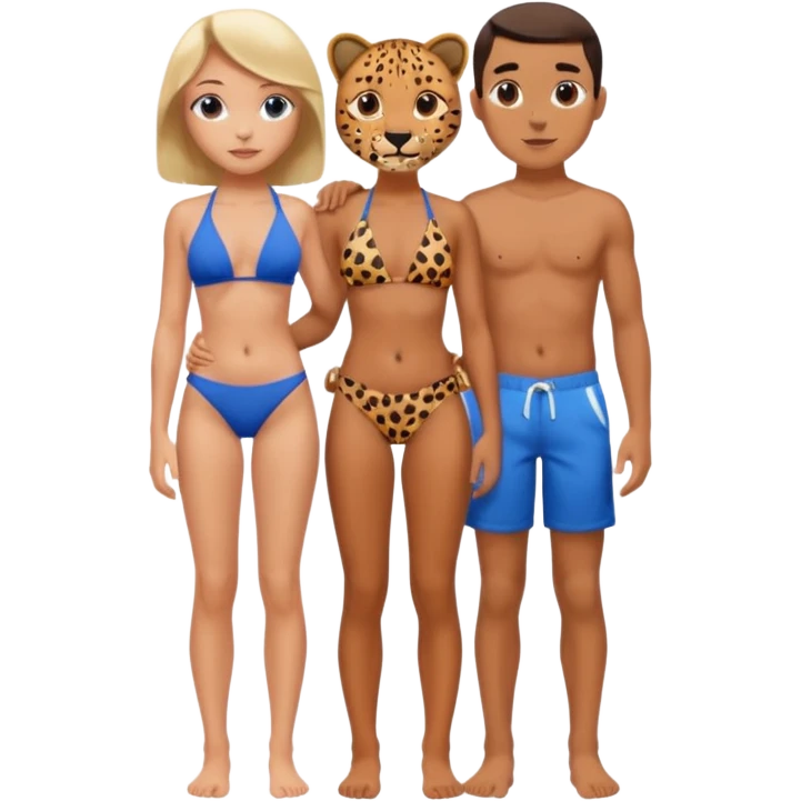 a girl wearing cheetah print bikini standing with a boy wearing shorts  emoji