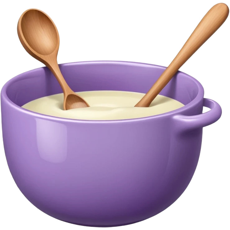 a lilac ceramic mixing bowl with a wooden spoon stirring emoji