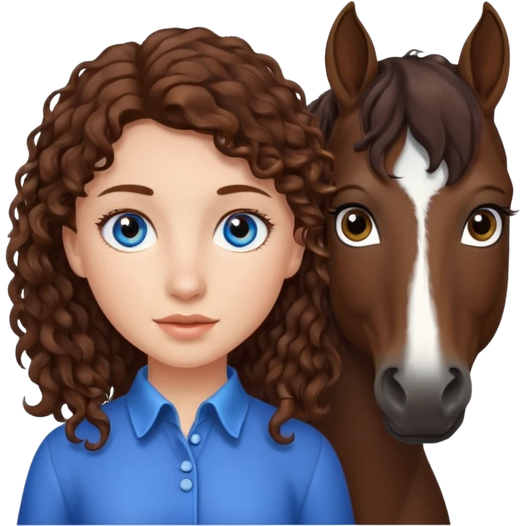 Girl with brown curly hair and blue eyes with an all dark brown horse that has straight hair emoji
